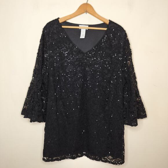 Catherines Black Lace Tunic Sequins Bell Sleeve V Neck - Picture 1 of 9